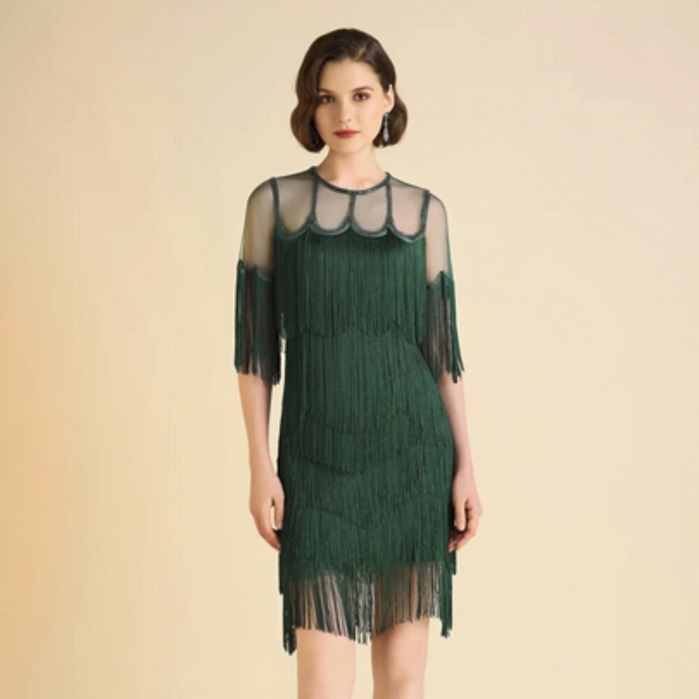 Babeyond Gracefully Swaying Fringe Flapper Dress - Dark Green